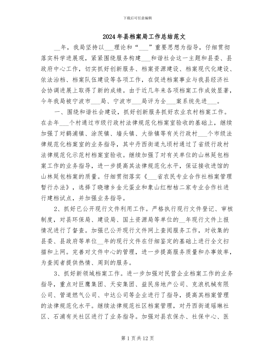 2024年县档案局工作总结范文_第1页