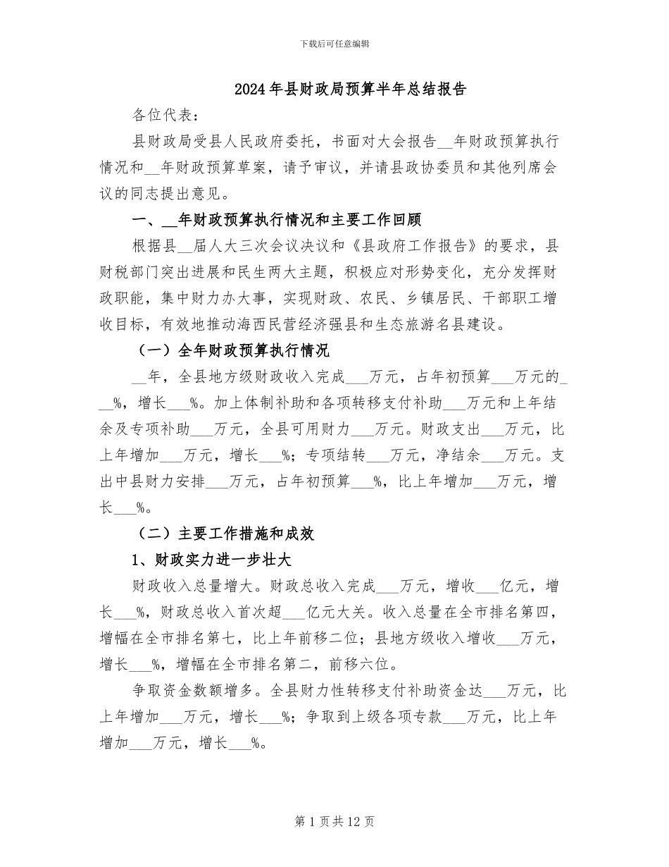 2024年县财政局预算半年总结报告_第1页