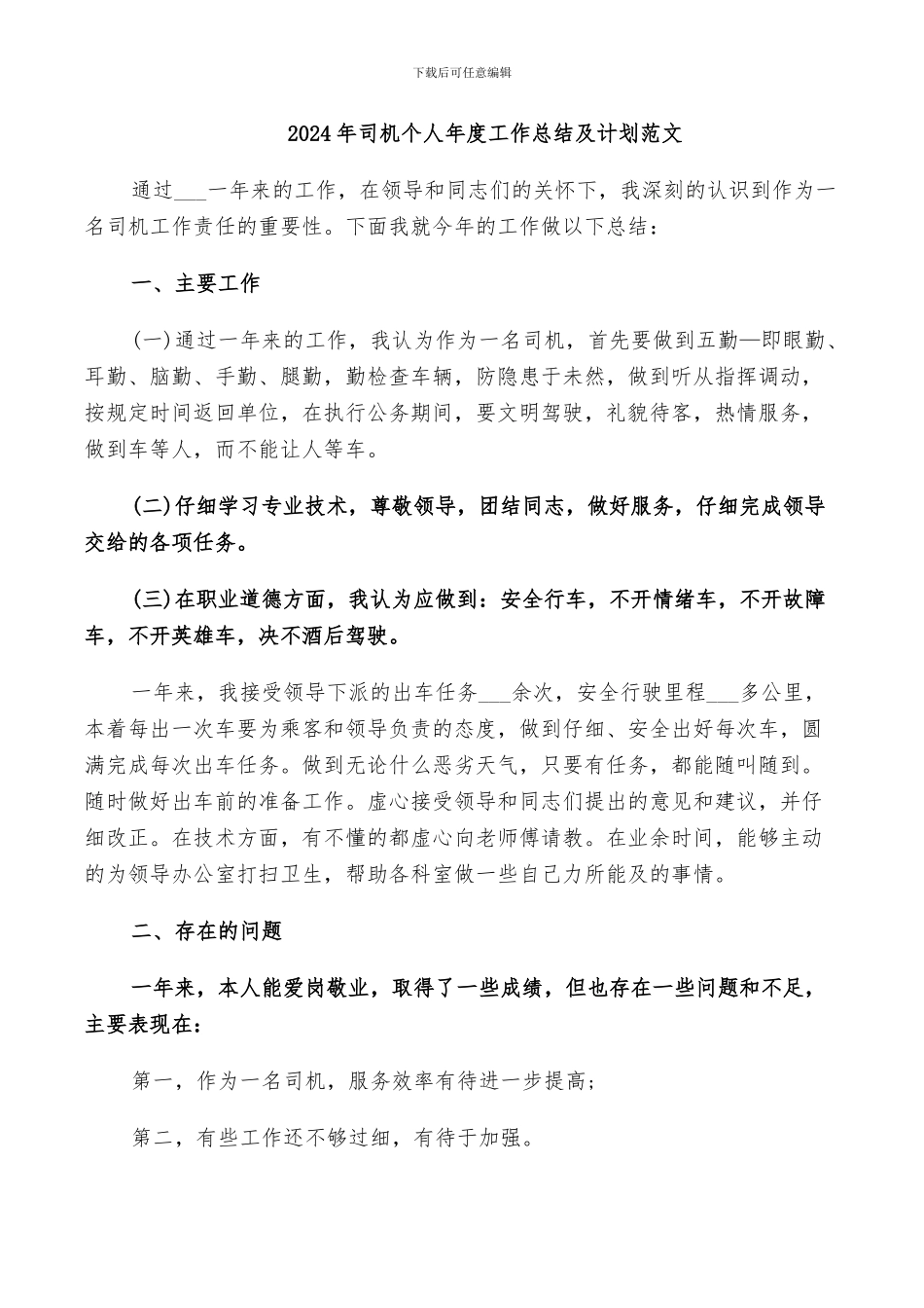 2024年司机个人年度工作总结及计划范文_第1页