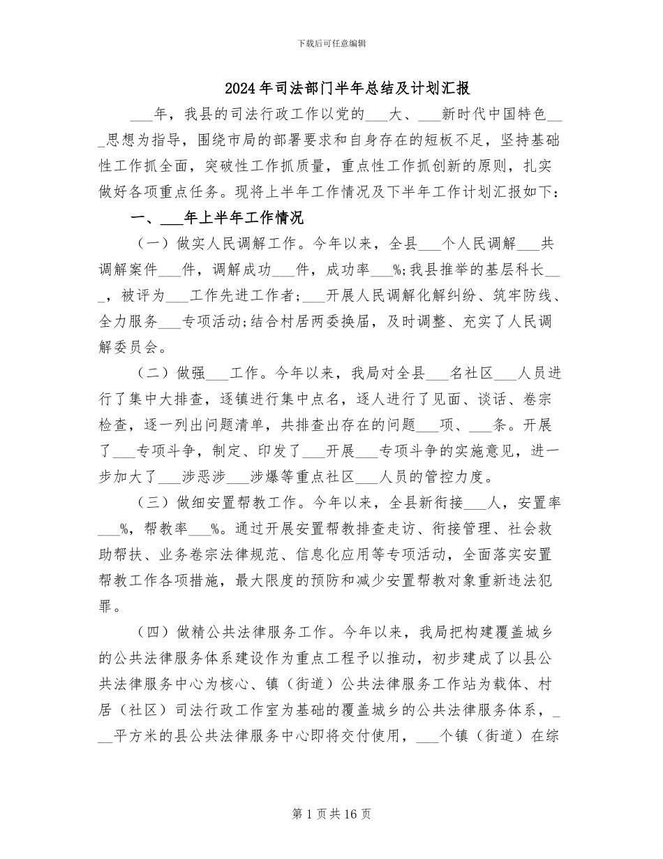 2024年司法部门半年总结及计划汇报_第1页