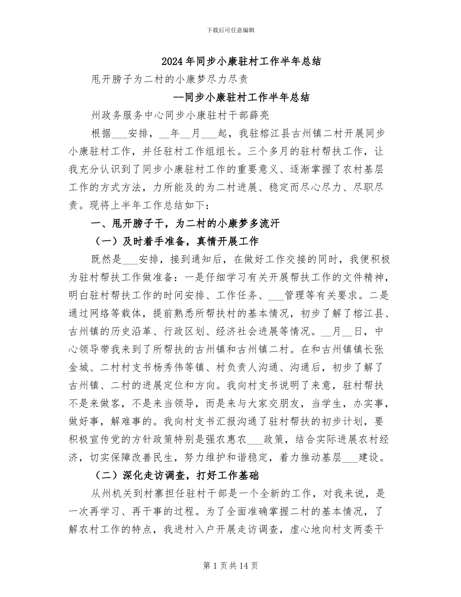 2024年同步小康驻村工作半年总结_第1页