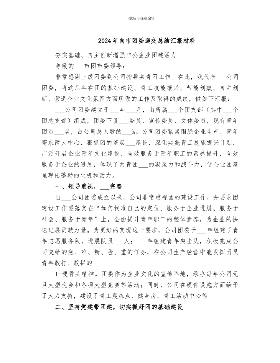 2024年向市团委递交总结汇报材料_第1页