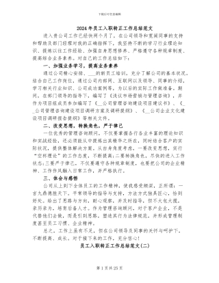 2024年员工入职转正工作总结范文