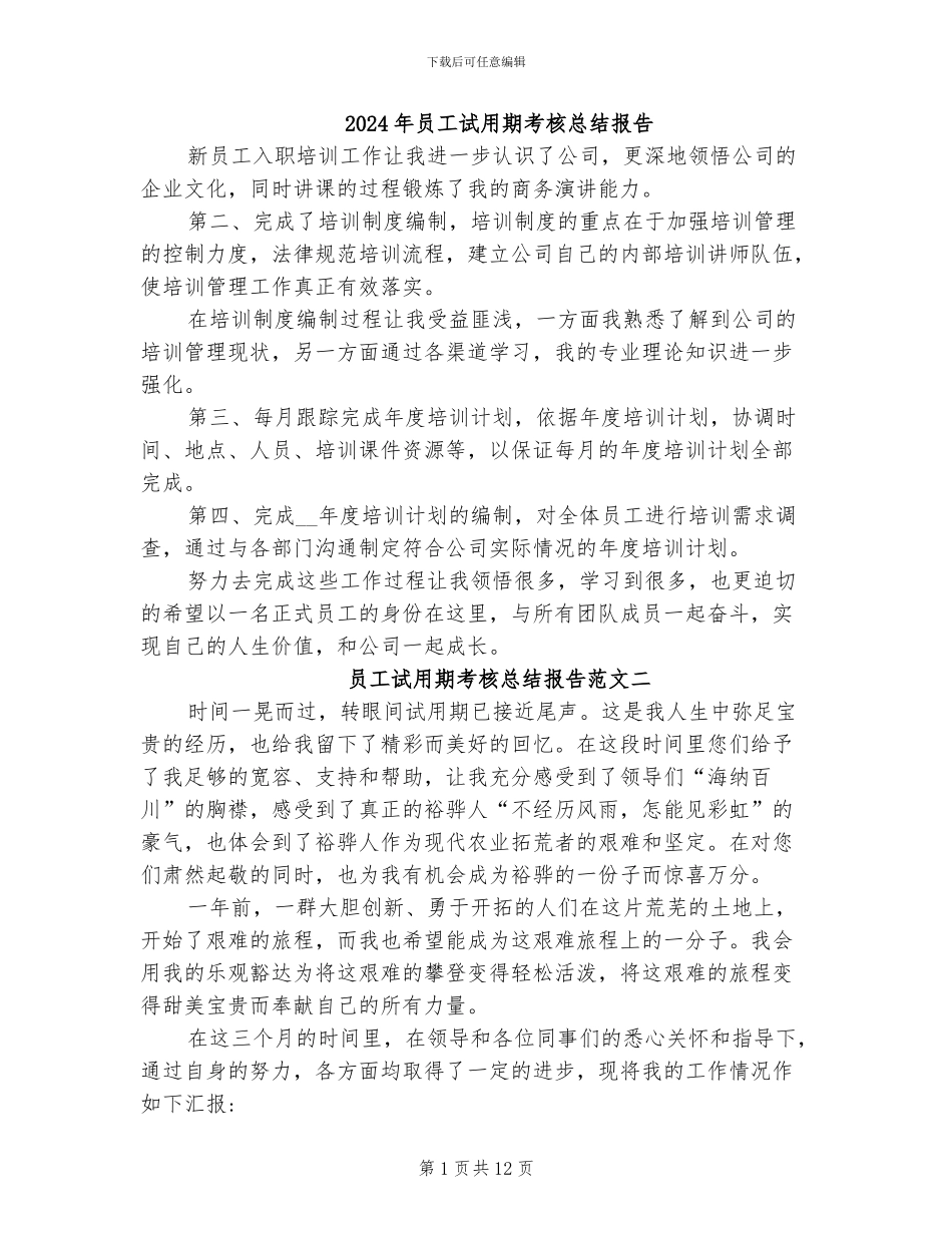 2024年员工试用期考核总结报告_第1页