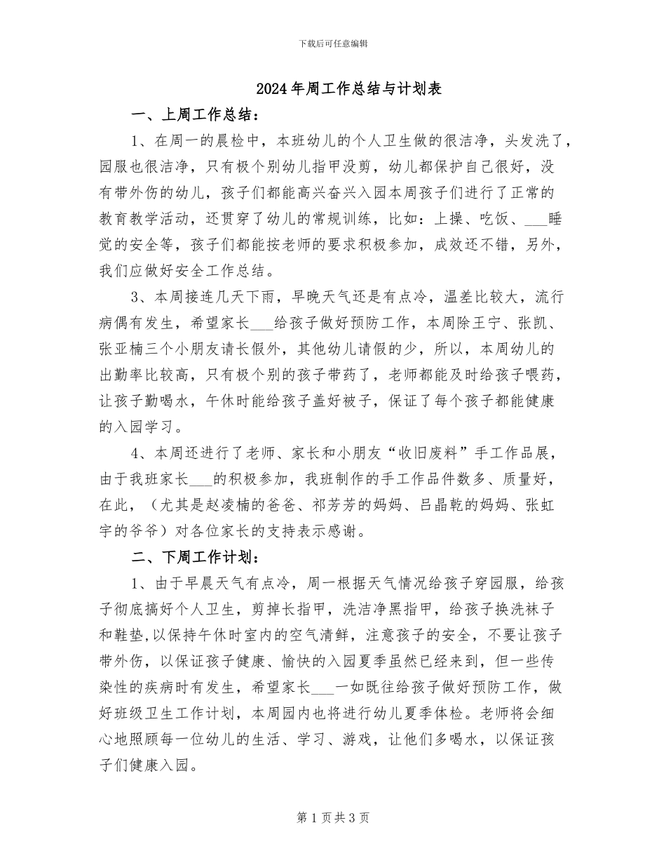 2024年周工作总结与计划表_第1页