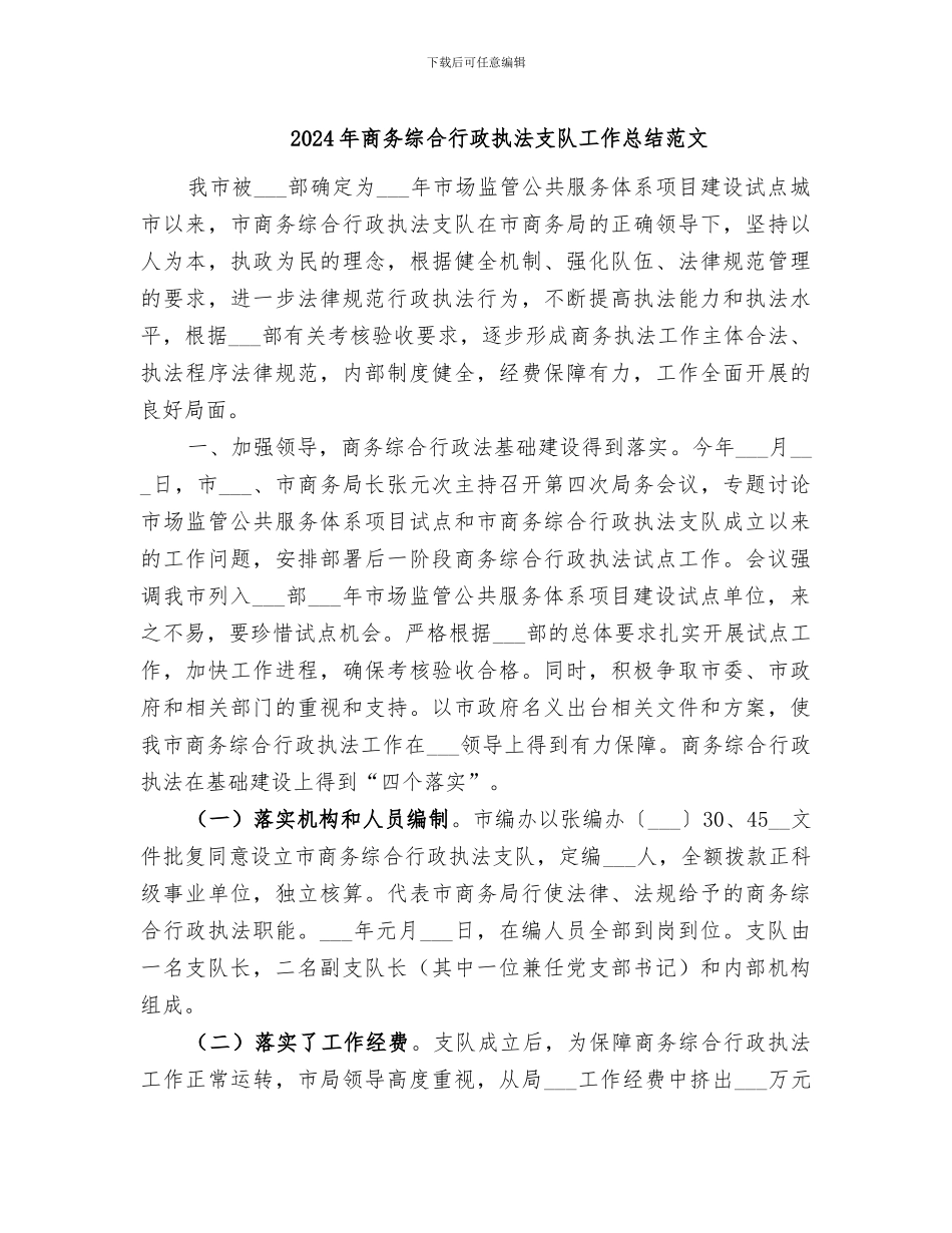 2024年商务综合行政执法支队工作总结范文_第1页