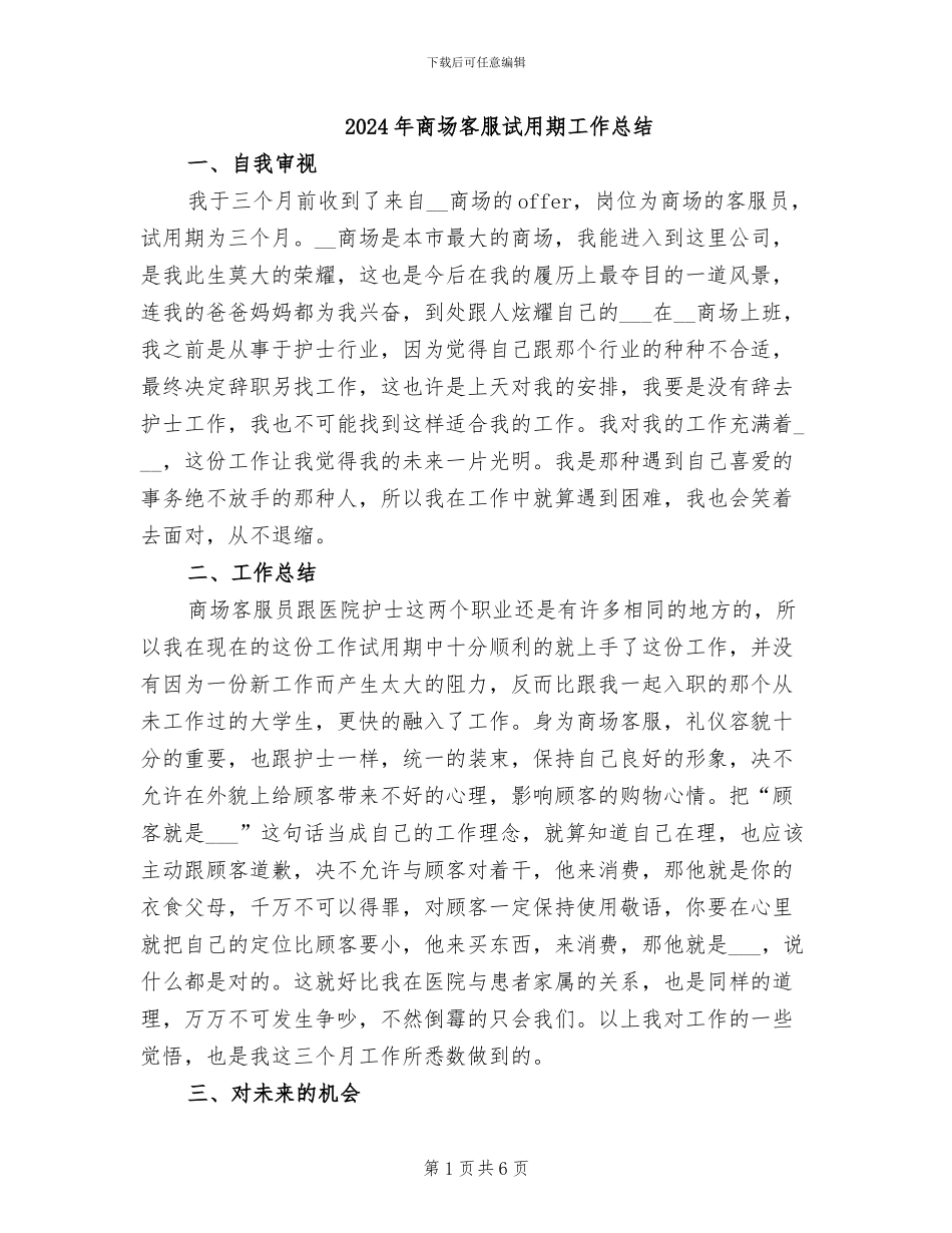 2024年商场客服试用期工作总结_第1页