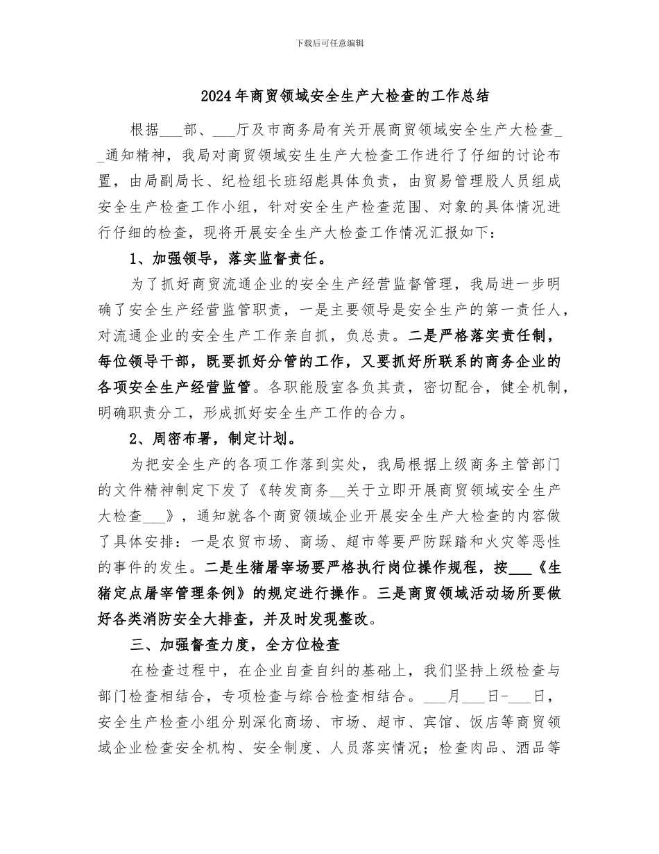 2024年商贸领域安全生产大检查的工作总结_第1页