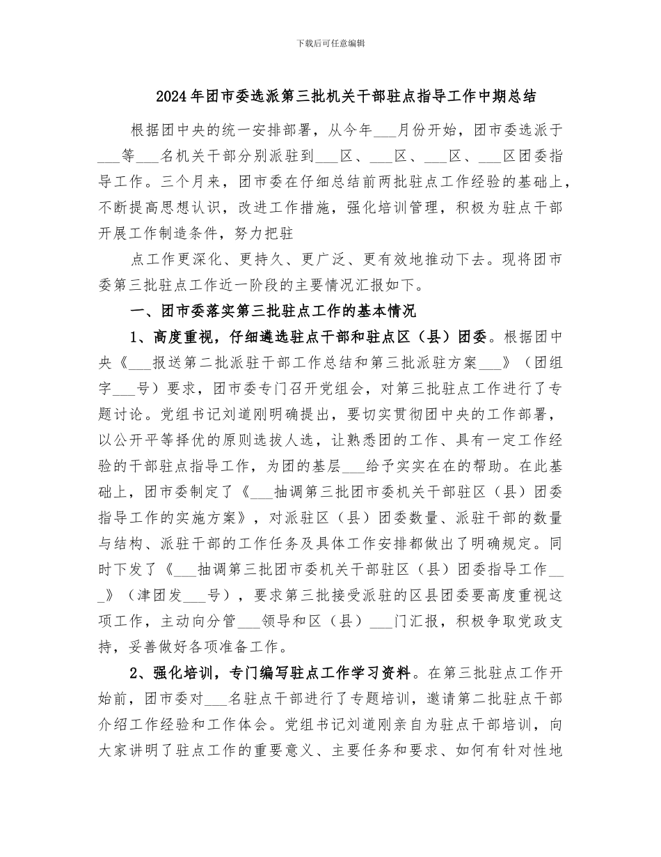 2024年团市委选派第三批机关干部驻点指导工作中期总结_第1页