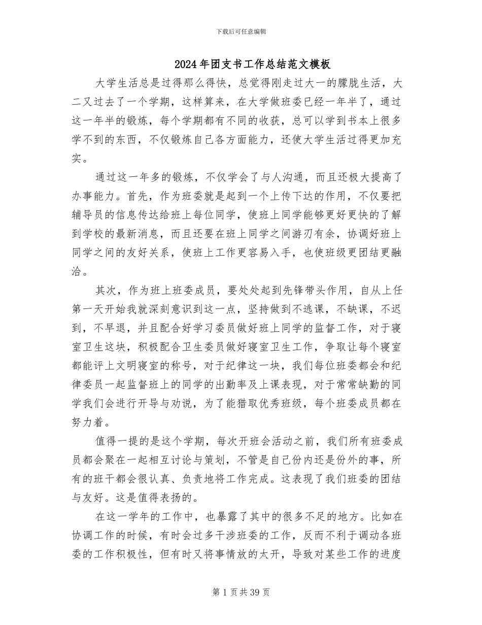 2024年团支书工作总结范文模板_第1页