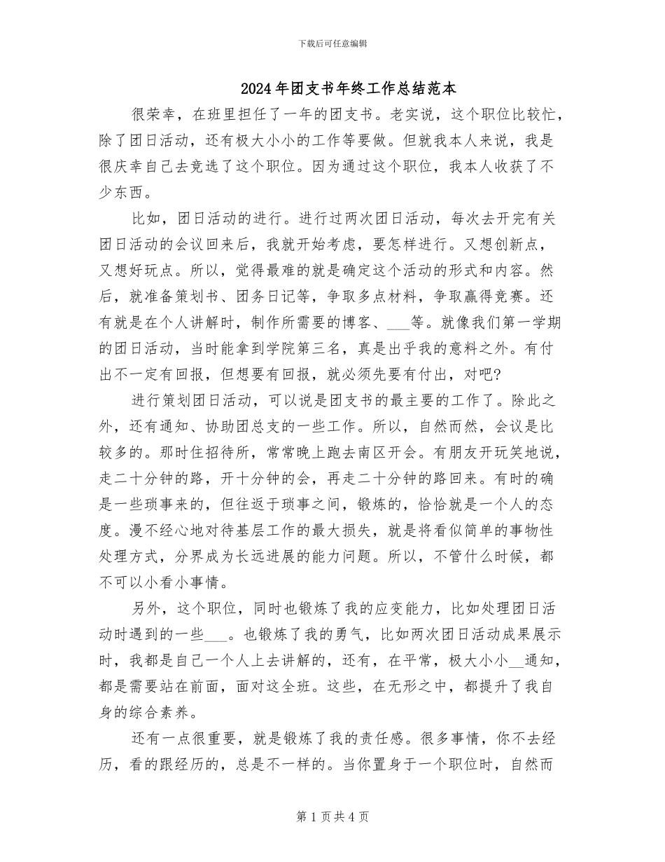 2024年团支书年终工作总结范本_第1页