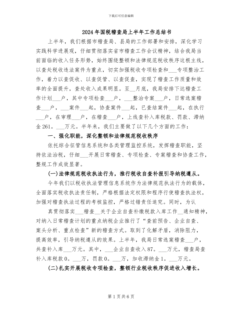 2024年国税稽查局上半年工作总结书_第1页