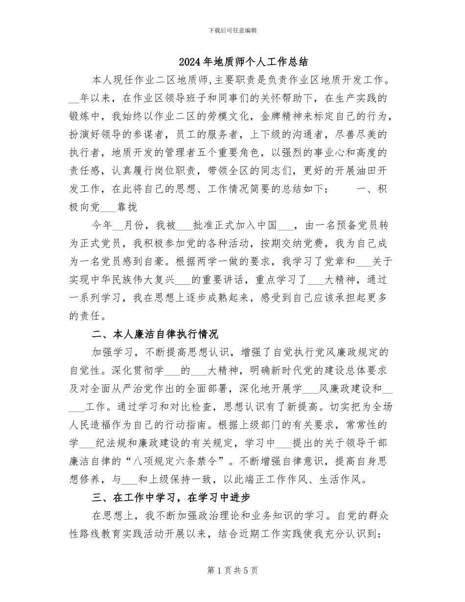 2024年地质师个人工作总结_第1页