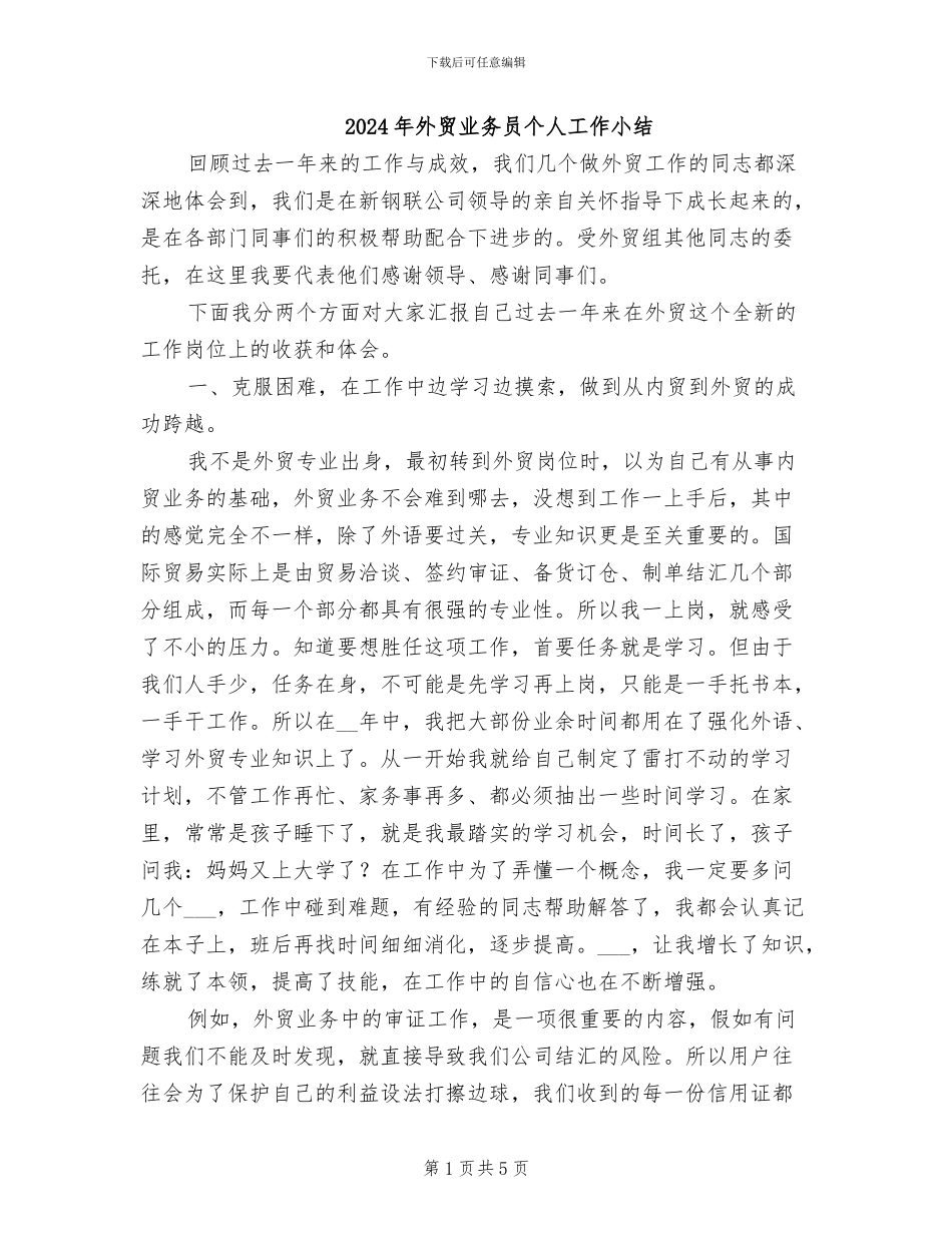 2024年外贸业务员个人工作小结_第1页
