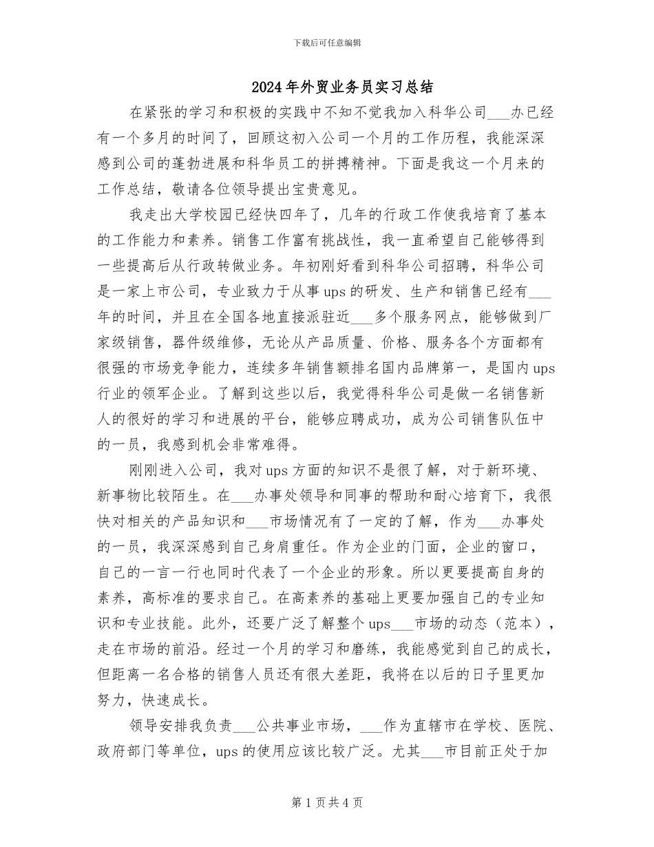 2024年外贸业务员实习总结_第1页