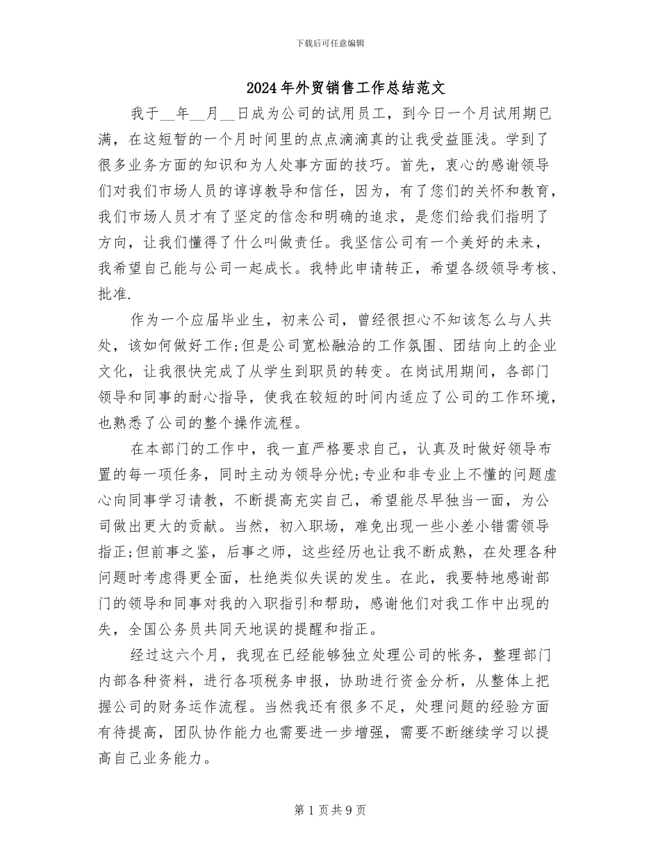 2024年外贸销售工作总结范文_第1页