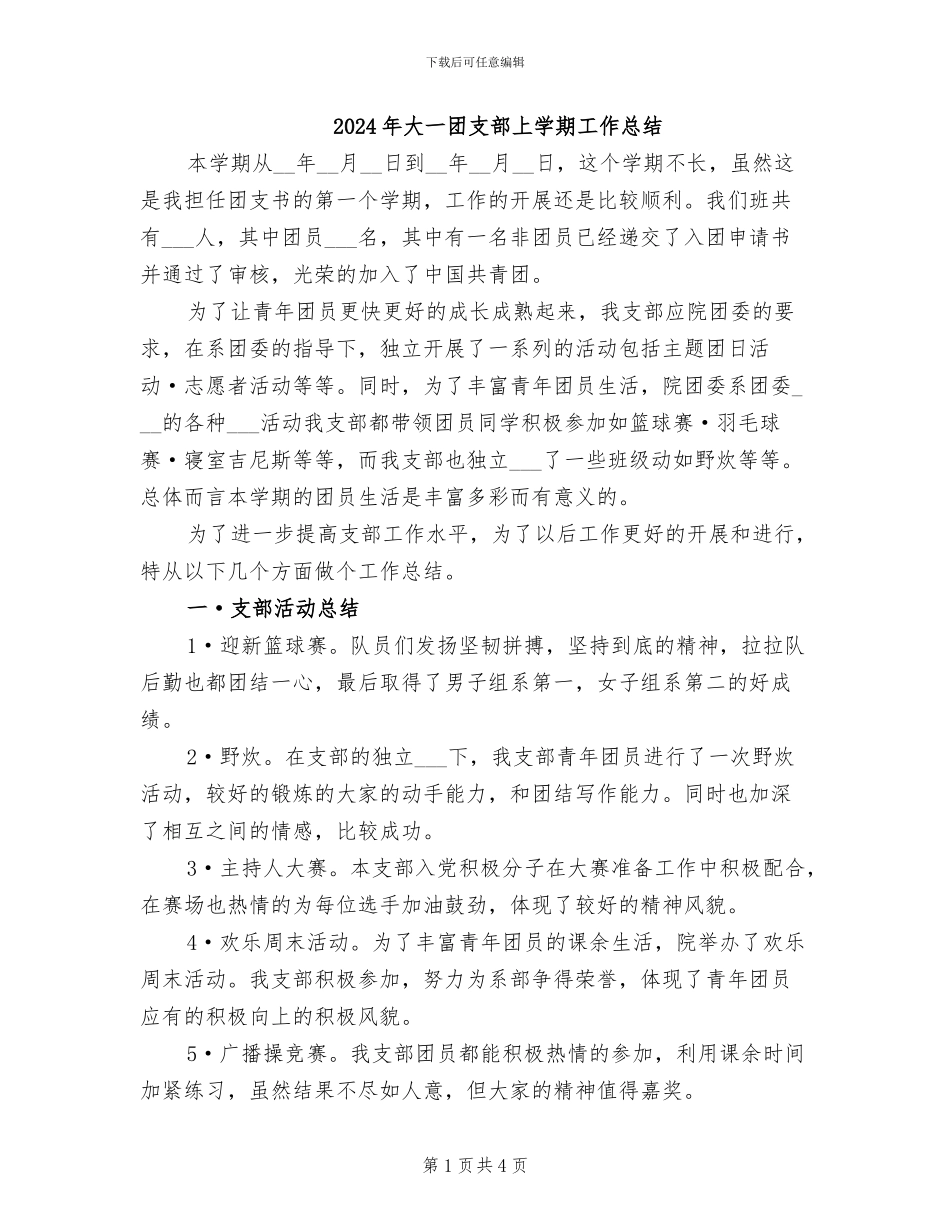 2024年大一团支部上学期工作总结_第1页