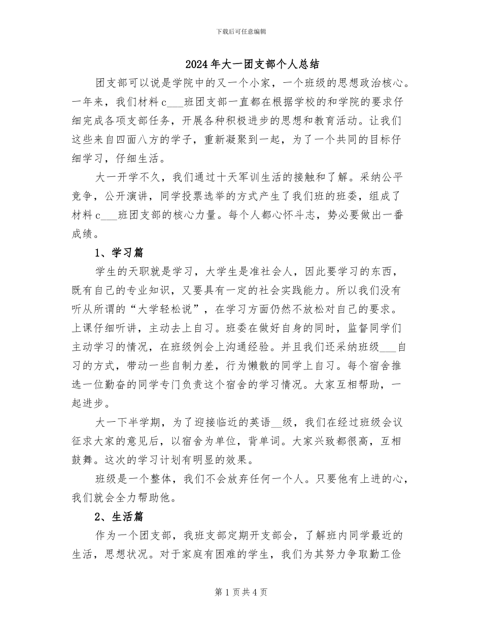 2024年大一团支部个人总结_第1页