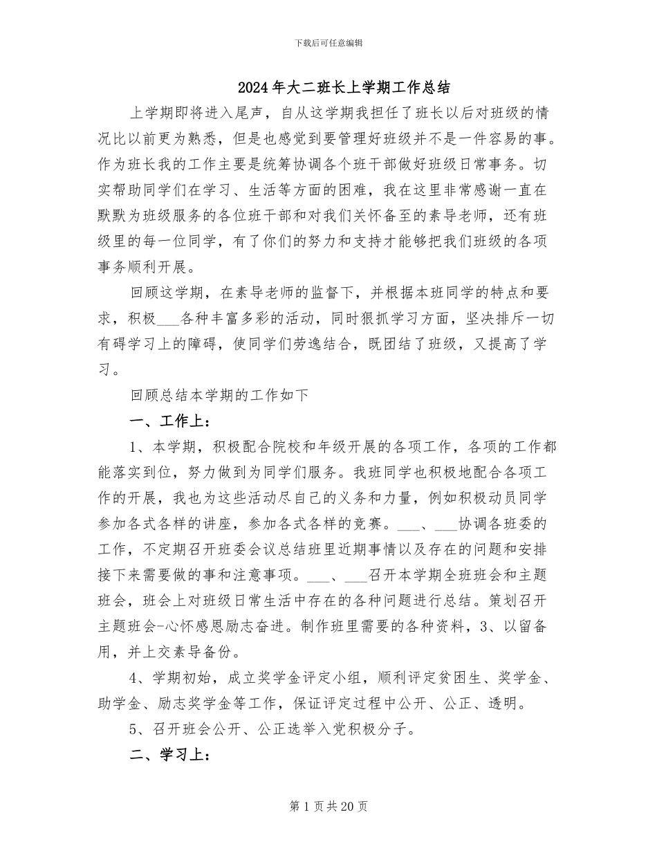 2024年大二班长上学期工作总结_第1页
