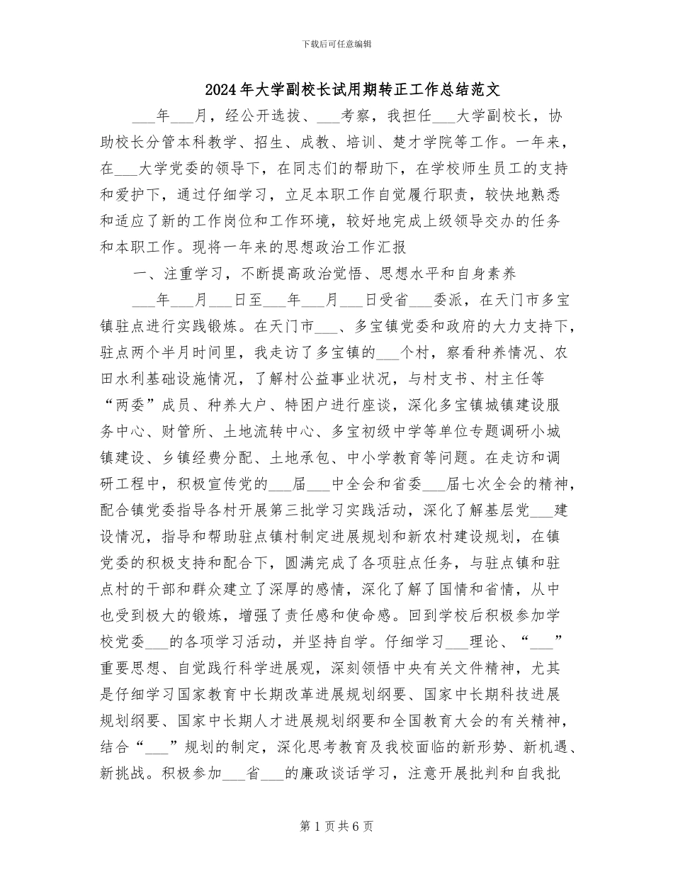 2024年大学副校长试用期转正工作总结范文_第1页