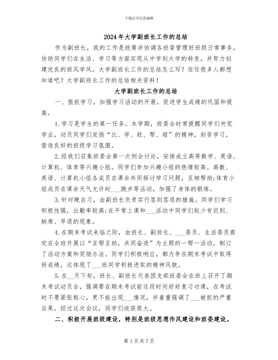 2024年大学副班长工作的总结_第1页