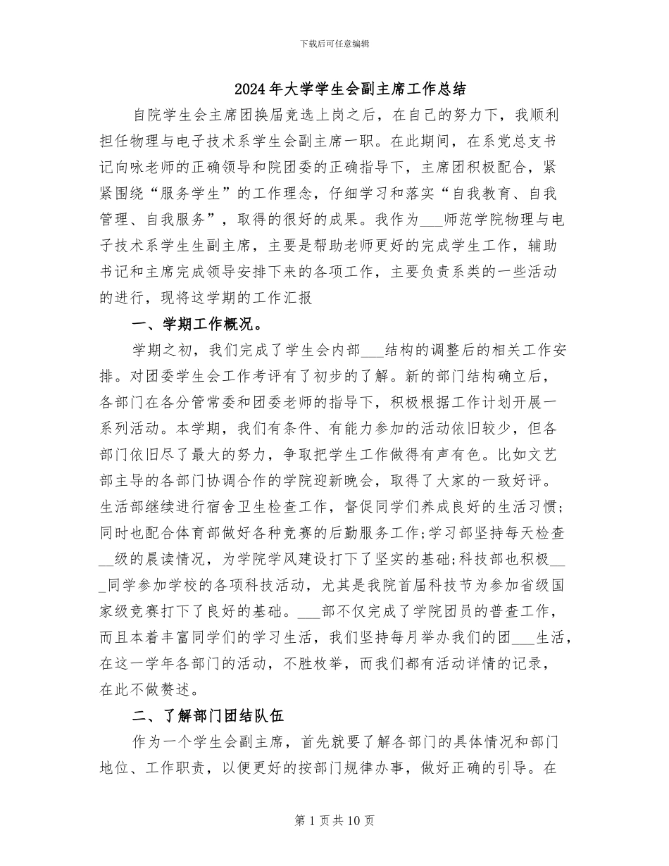 2024年大学学生会副主席工作总结_第1页