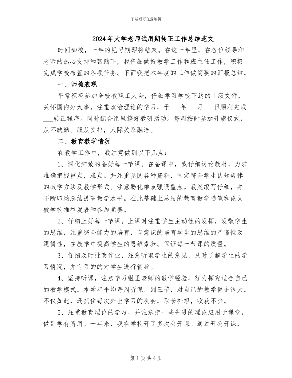 2024年大学教师试用期转正工作总结范文_第1页