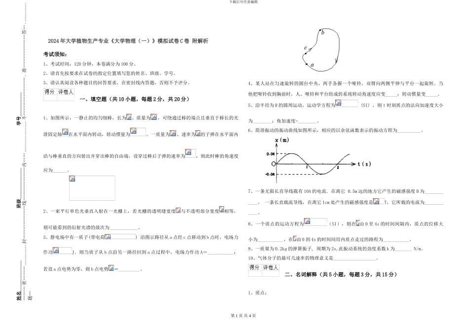 2024年大学植物生产专业《大学物理》模拟试卷C卷-附解析_第1页