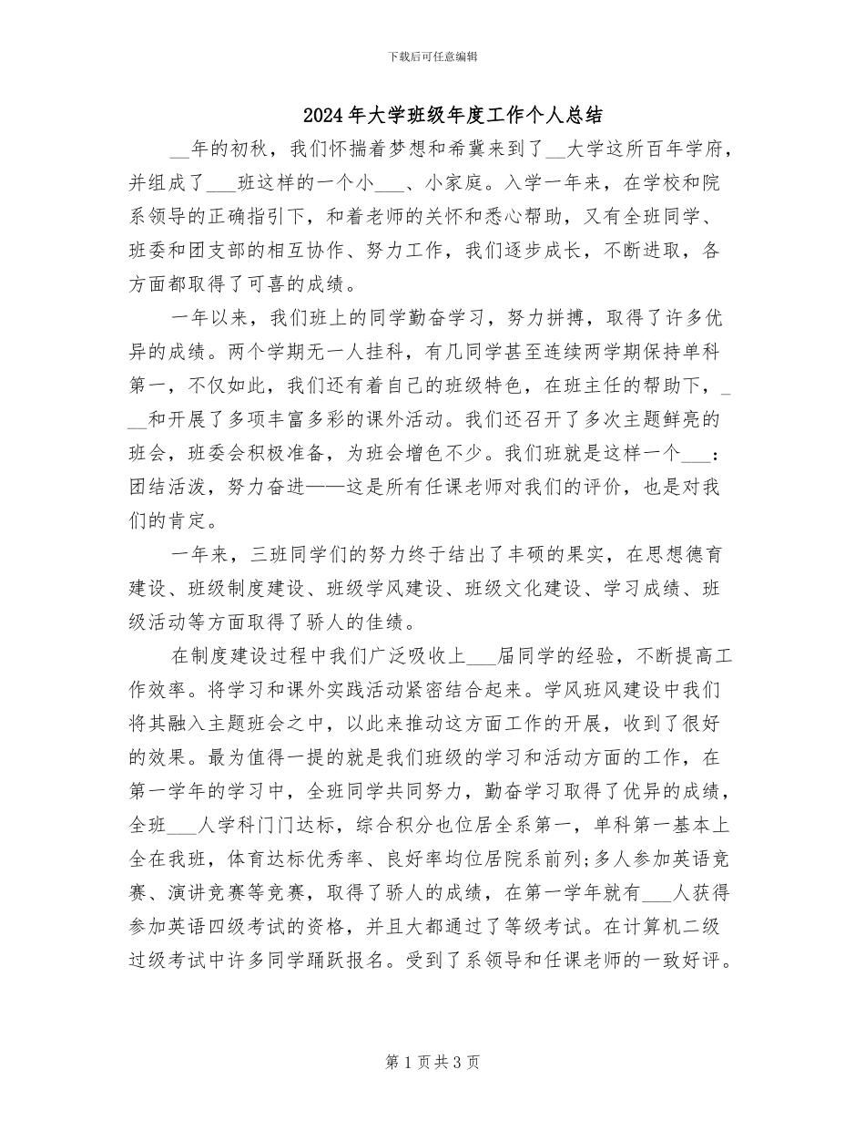 2024年大学班级年度工作个人总结_第1页