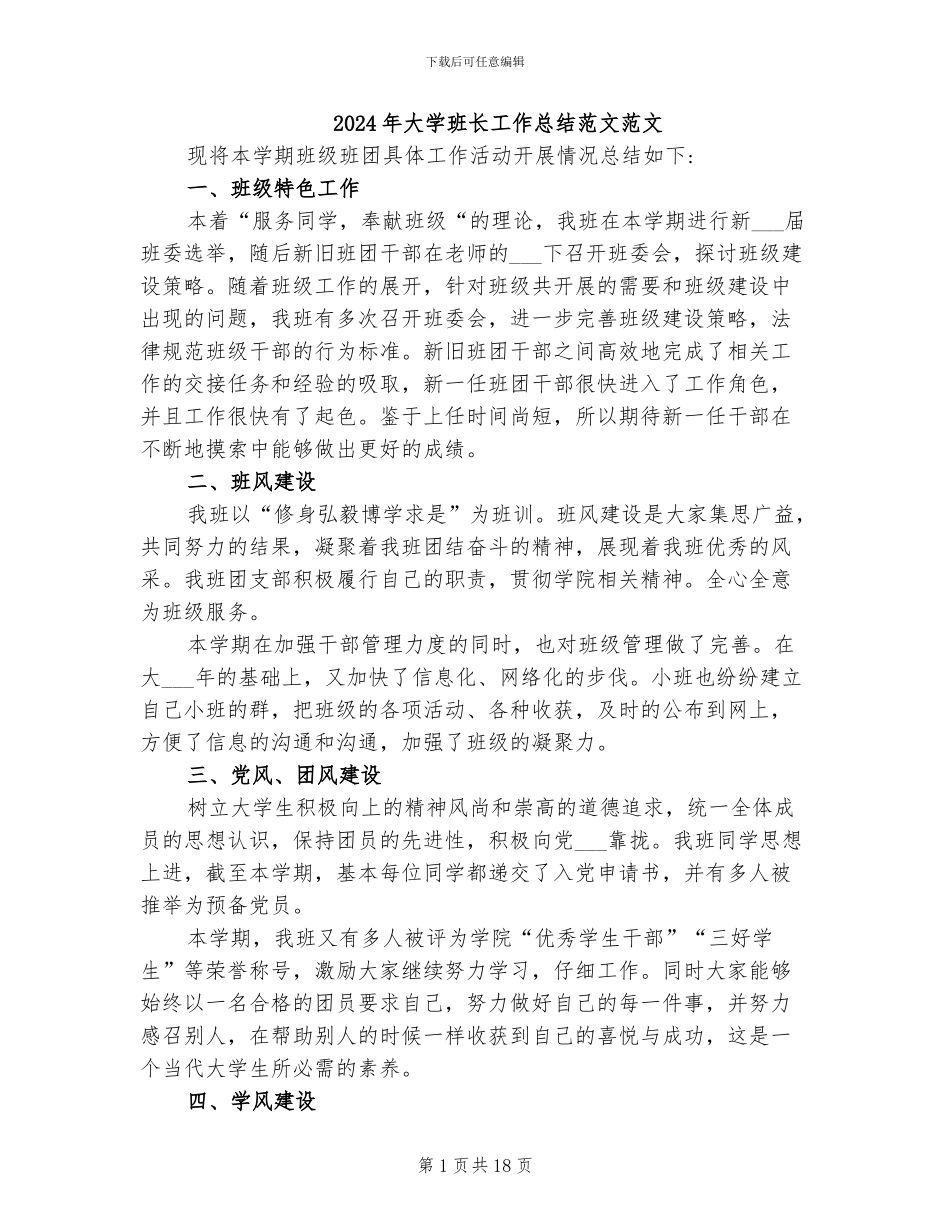 2024年大学班长工作总结范文范文_第1页