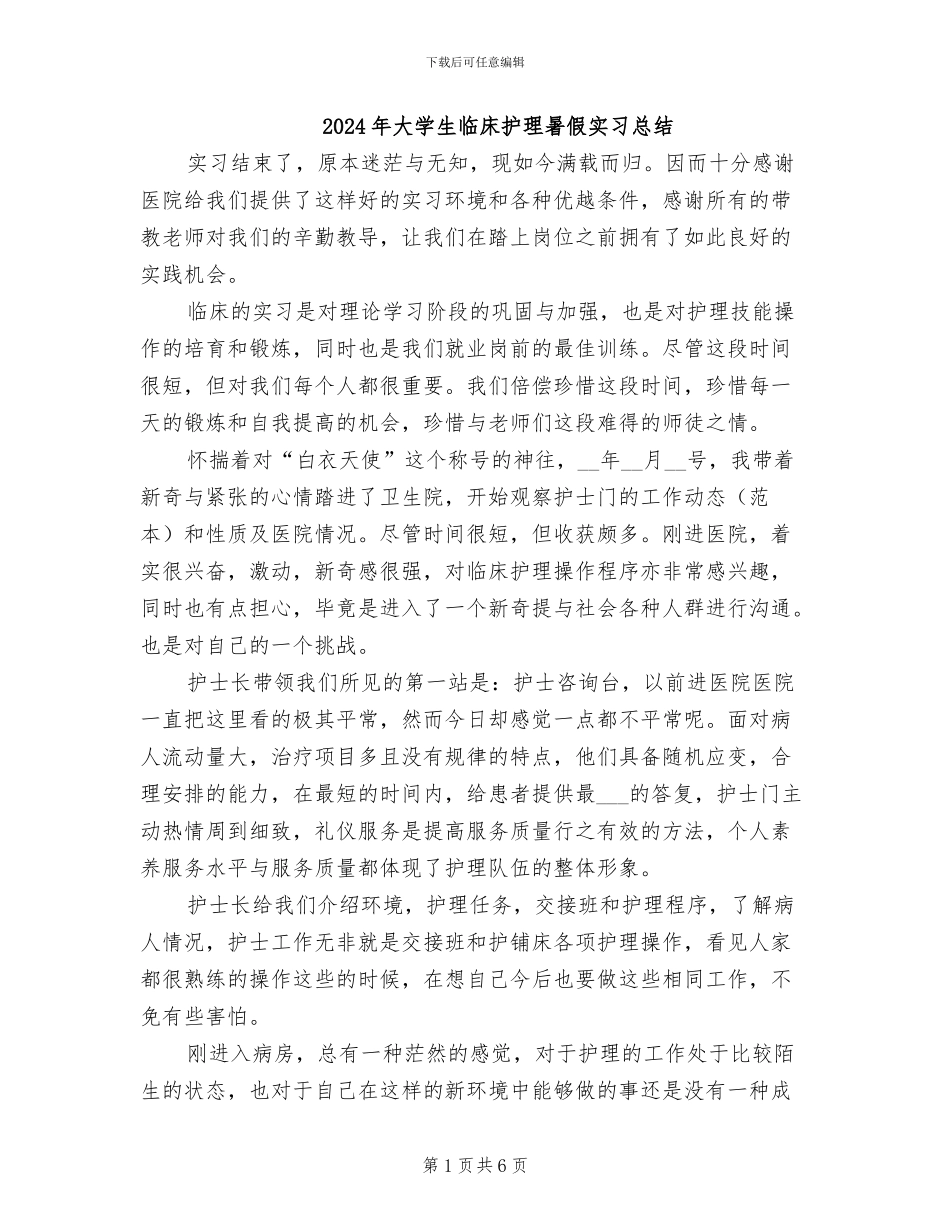 2024年大学生临床护理暑假实习总结_第1页
