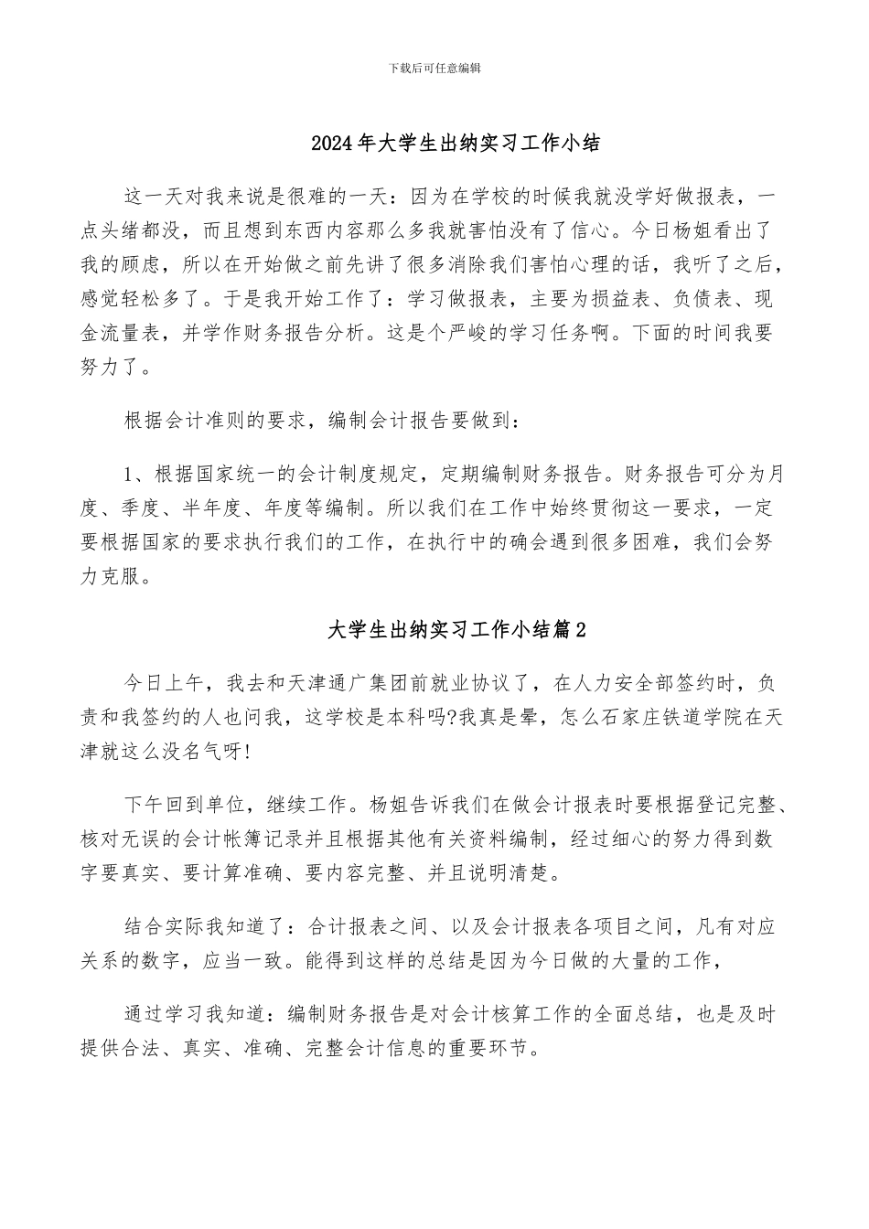 2024年大学生出纳实习工作小结_第1页