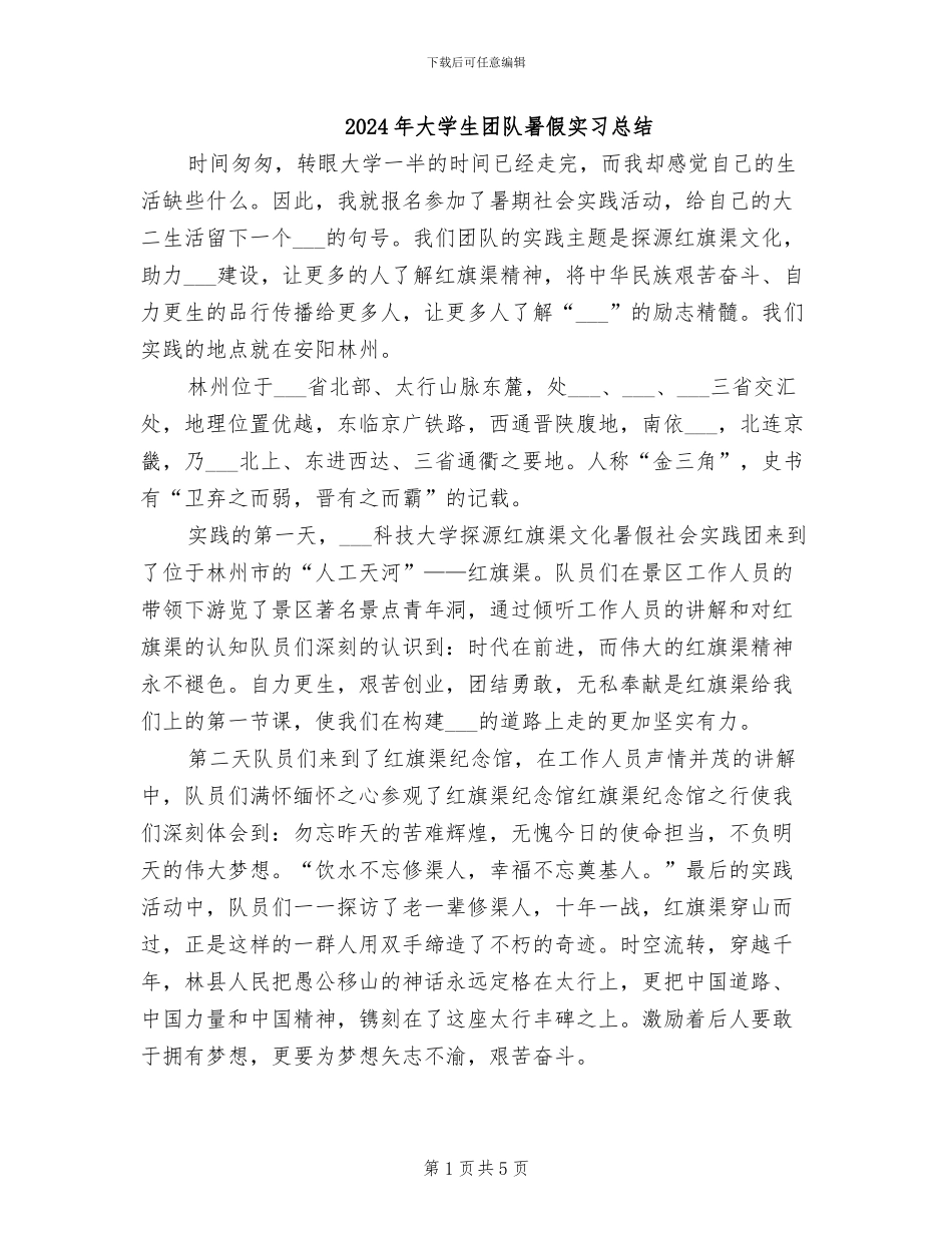 2024年大学生团队暑假实习总结_第1页