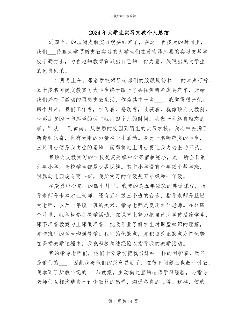 2024年大学生实习支教个人总结_第1页