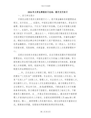 2024年大学生寒假实习总结：银行支行实习