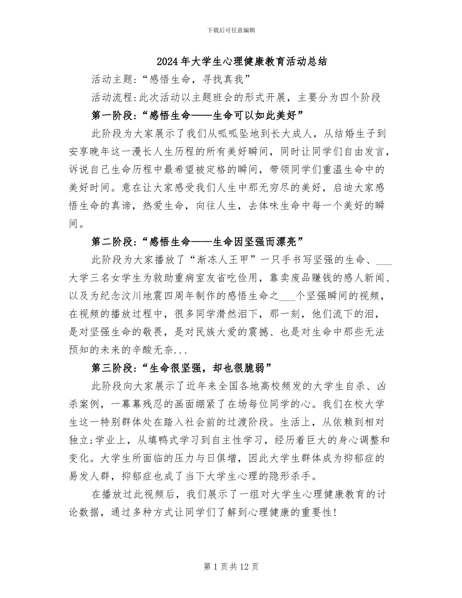 2024年大学生心理健康教育活动总结_第1页