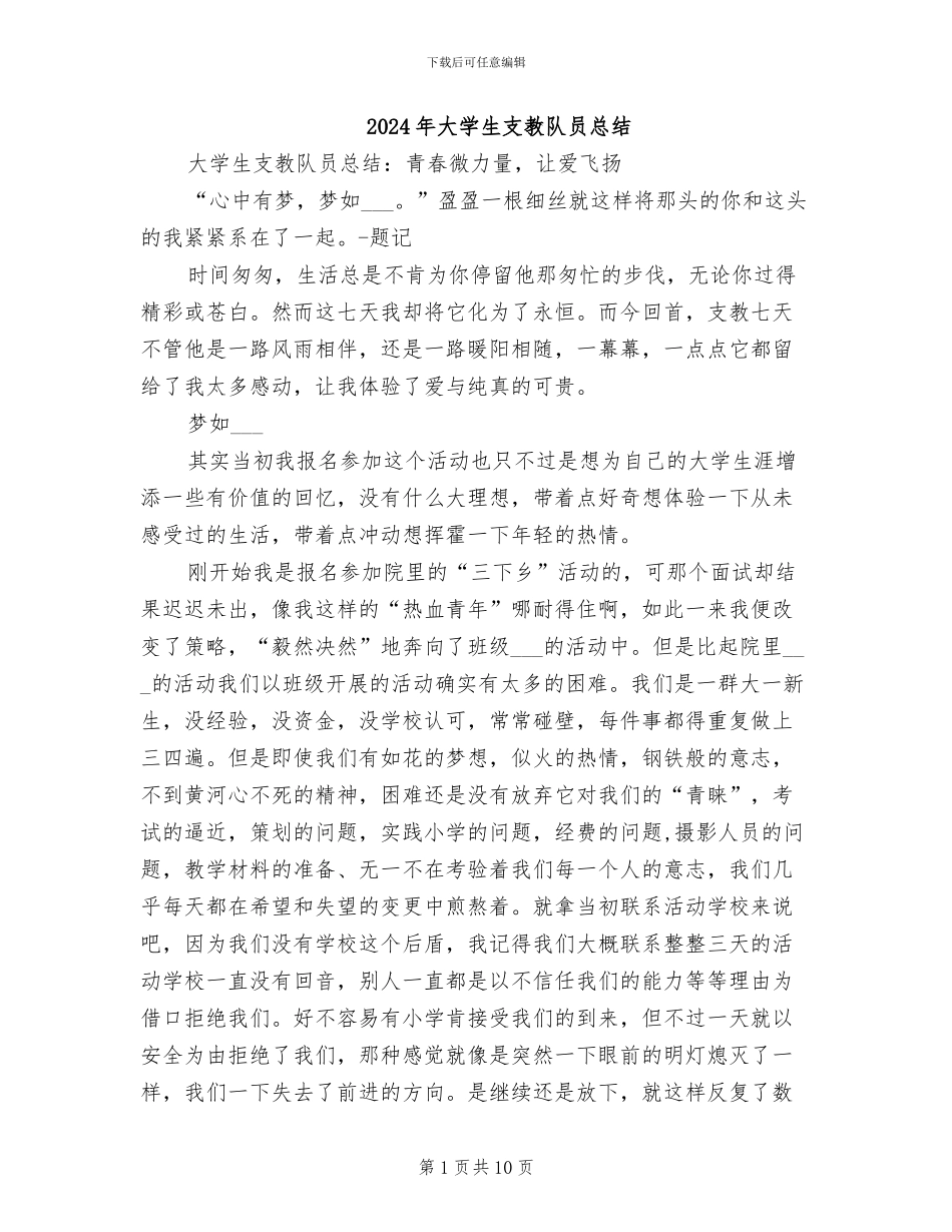 2024年大学生支教队员总结_第1页