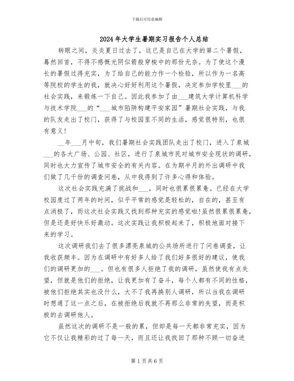 2024年大学生暑期实习报告个人总结_第1页