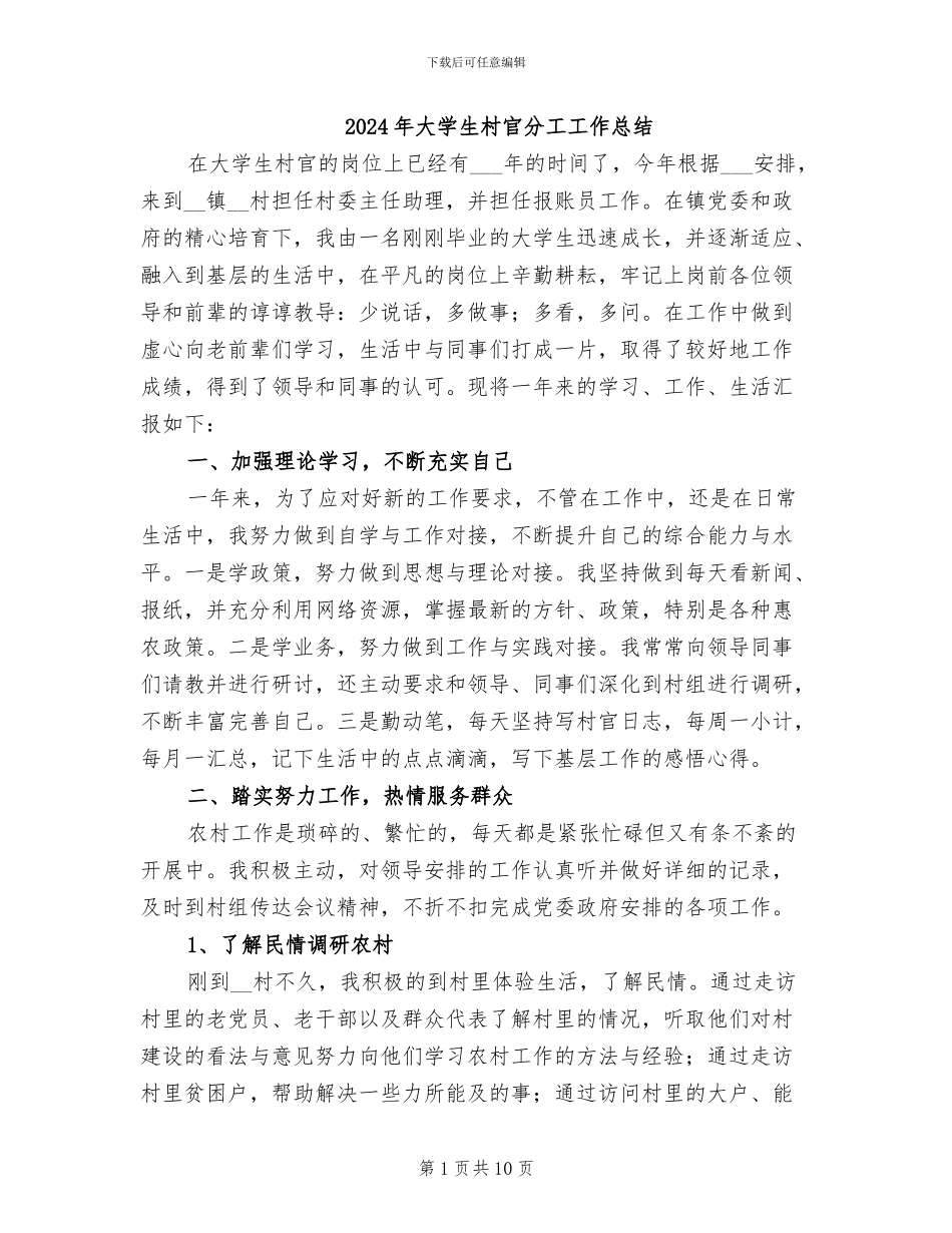 2024年大学生村官分工工作总结_第1页
