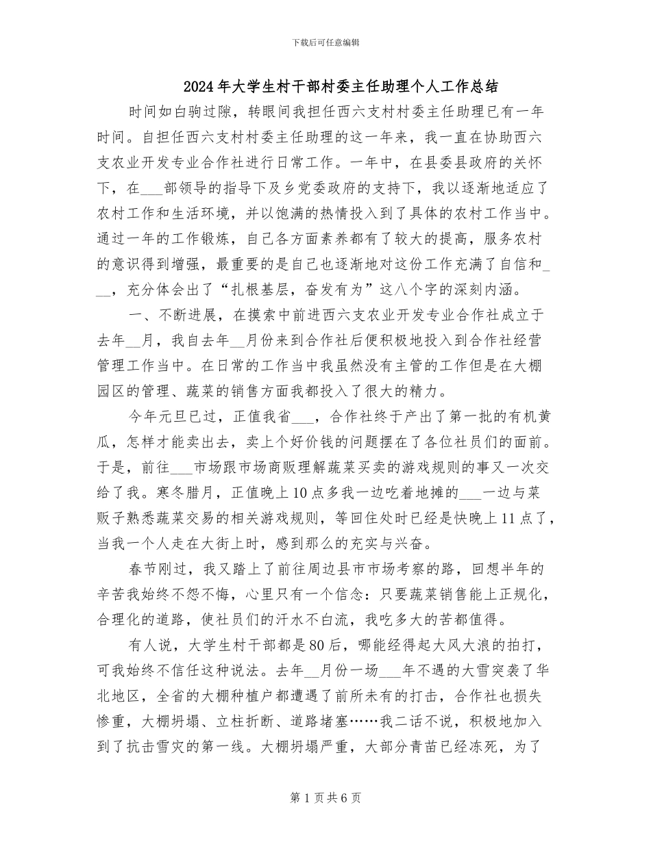 2024年大学生村干部村委主任助理个人工作总结_第1页