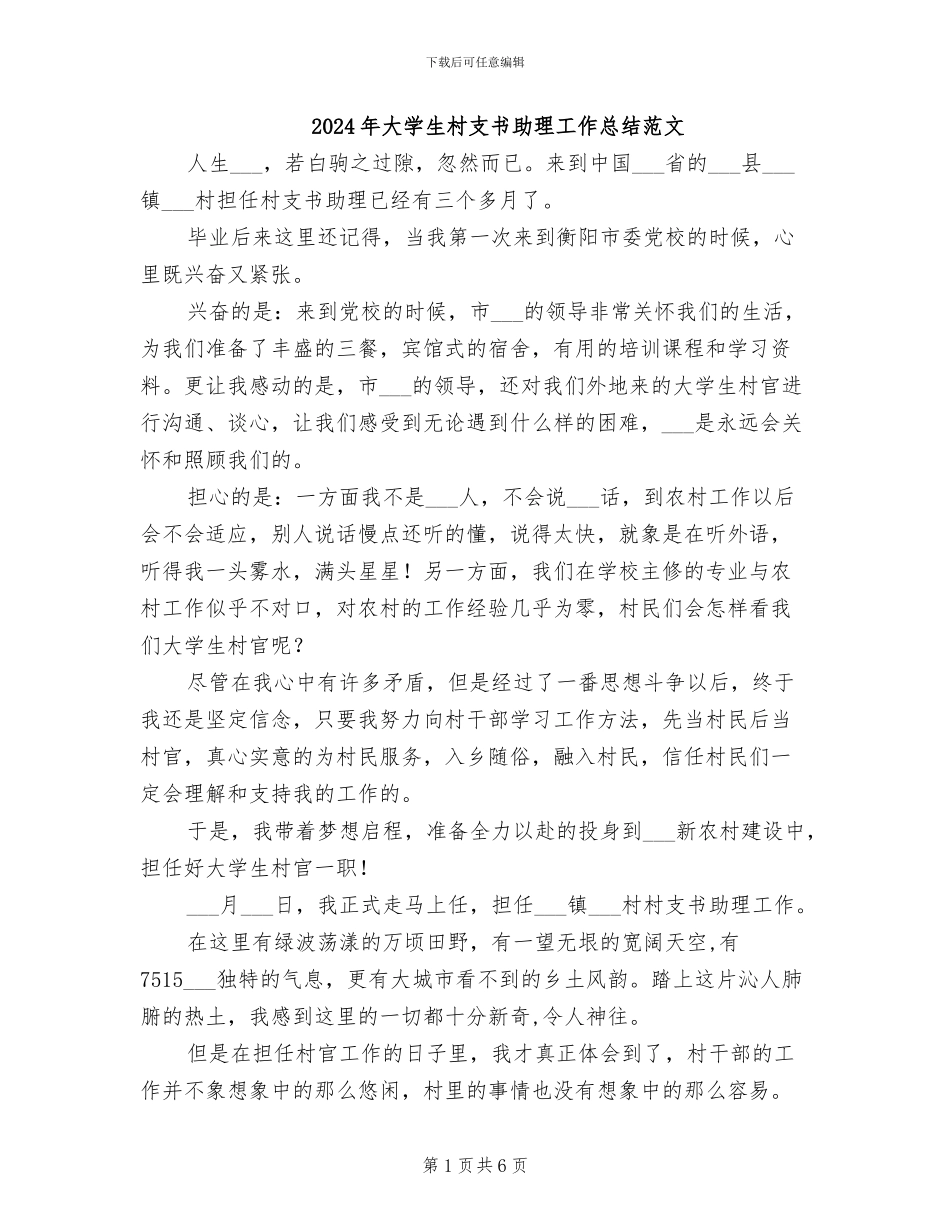2024年大学生村支书助理工作总结范文_第1页