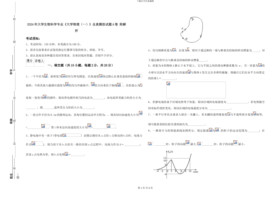 2024年大学生物科学专业《大学物理》全真模拟试题A卷-附解析_第1页