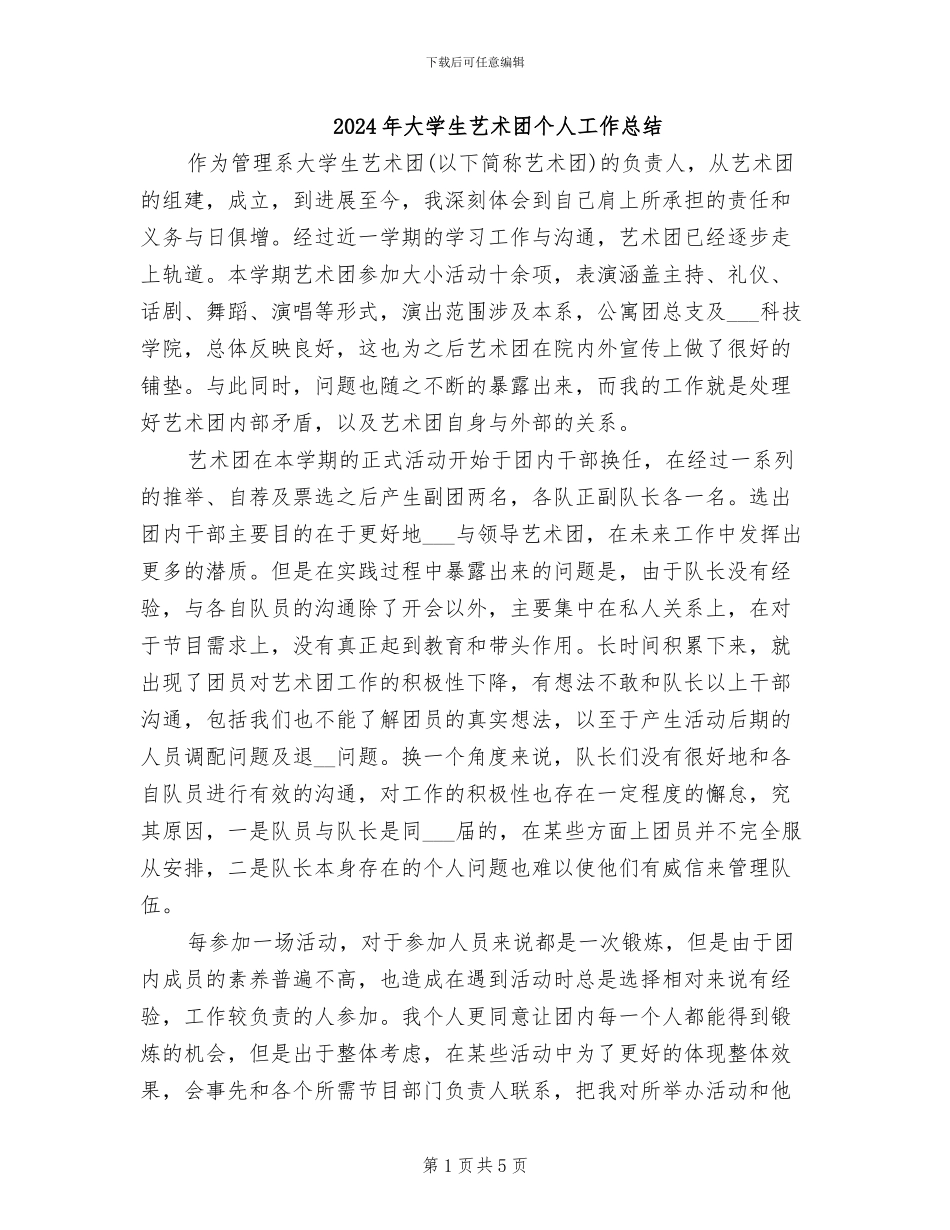 2024年大学生艺术团个人工作总结_第1页