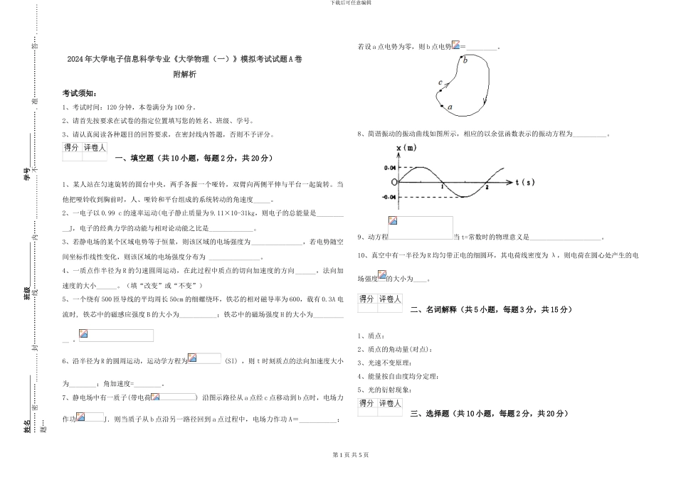 2024年大学电子信息科学专业《大学物理》模拟考试试题A卷-附解析_第1页