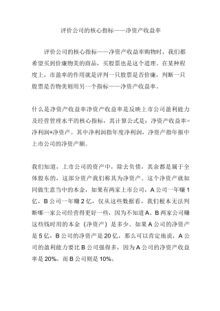评价公司的核心指标——净资产收益率