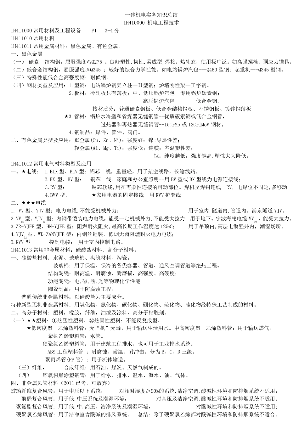 一建机电实务必过知识点总结_第1页