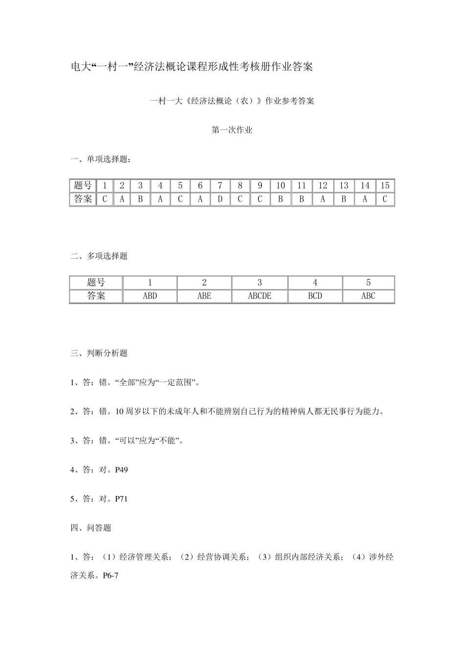 一村一大《经济法概论(农)》作业参考答案_第1页