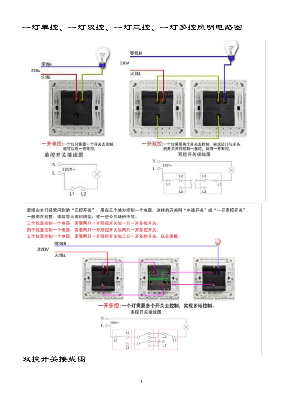 一灯单控、一灯双控、一灯三控、一灯多控照明电路图_第1页