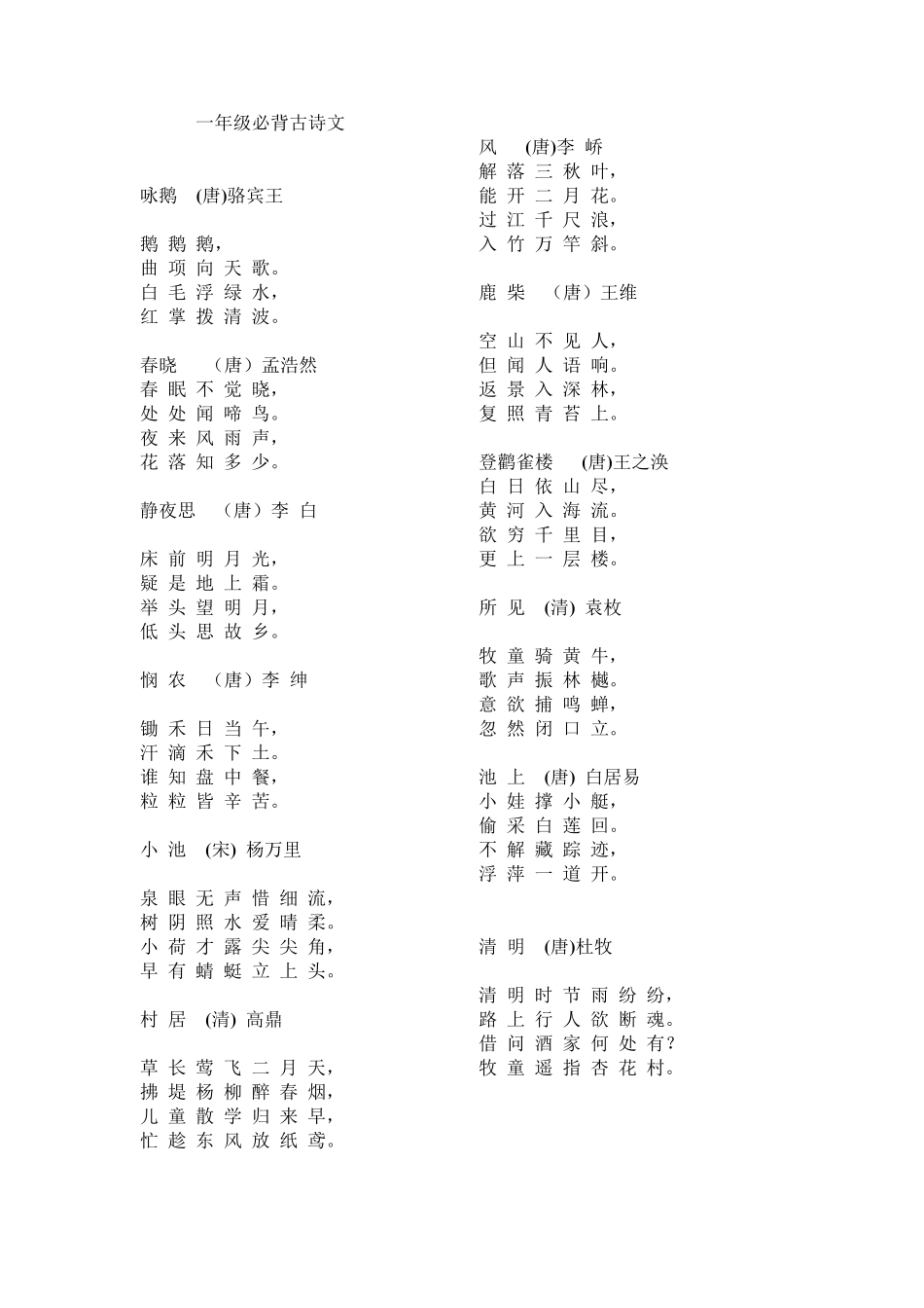 一至六年级分年级小学生必背古诗75首(新课标)_第1页