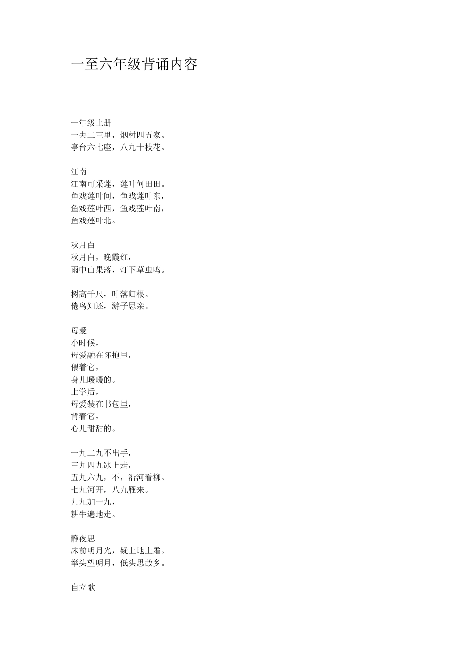 一至六年级背诵内容_第1页